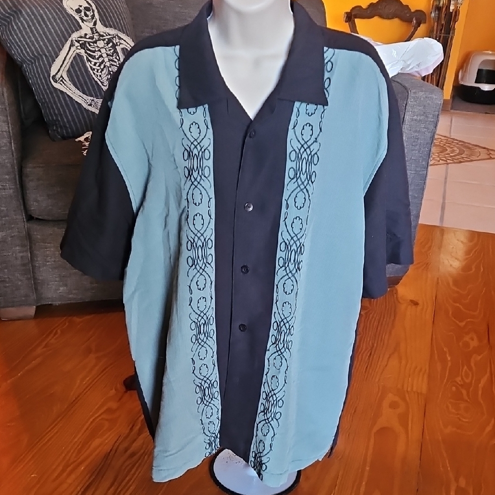 Cubavera Two-Tone Embroidered Camp Shirt Jacket - Teal & Black